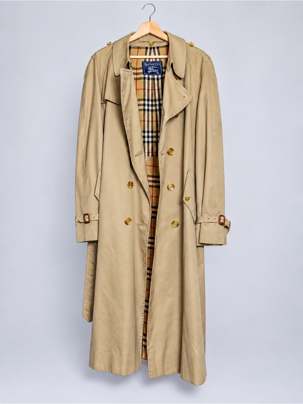 Vintage Burberrys Mens Khaki Trench Coat Belted Double Breasted 44 X-Long Check